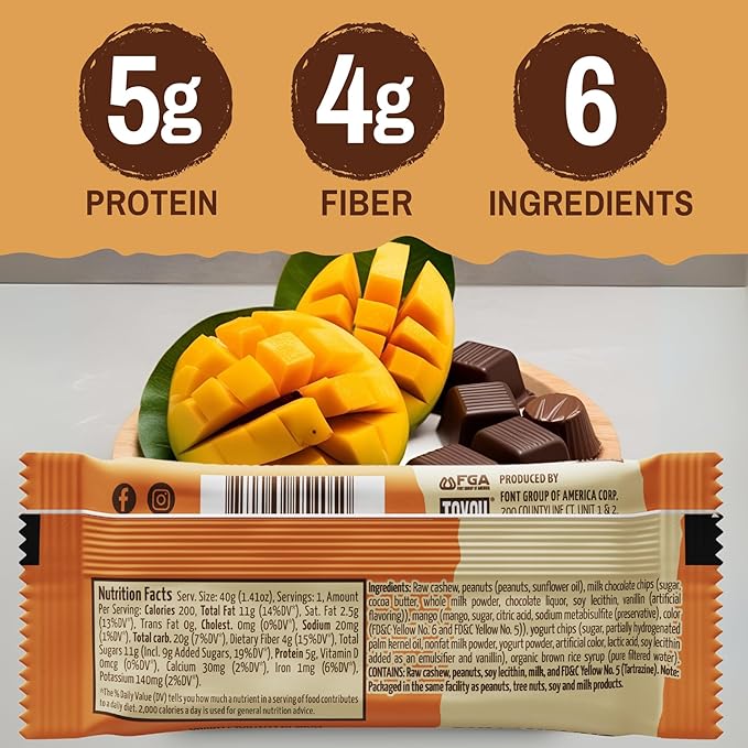 ToYou Chewy Fruit and Nut Bars - Healthy Protein Snacks | Chocolate Mango - 1.41 Ounce (Pack of 12)