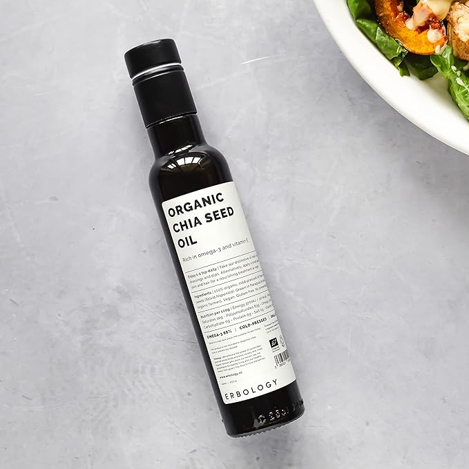 Erbology Organic Chia Seed Oil 8.5 fl oz - Cold-Pressed - Rich in Omega-3 (66%) and Vitamin E (330%