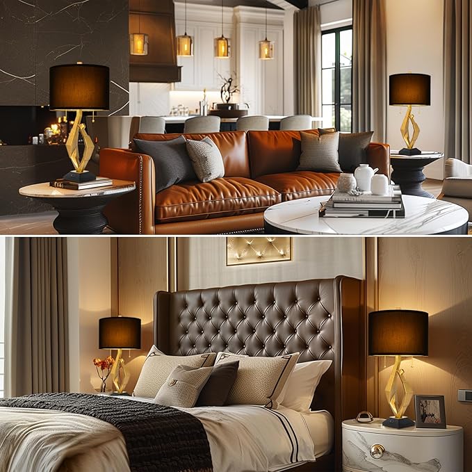 Sculptural Table Lamp Set of 2 with USB Ports For Living Room, Gold Leaf Finish Farmhouse Bedside