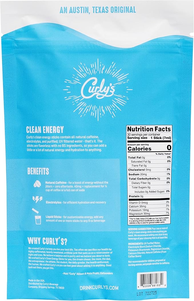 Curly's Clean Energy Caffeine & Electrolyte Sticks - Energize Your Favorite Drink - Keto, Paleo &