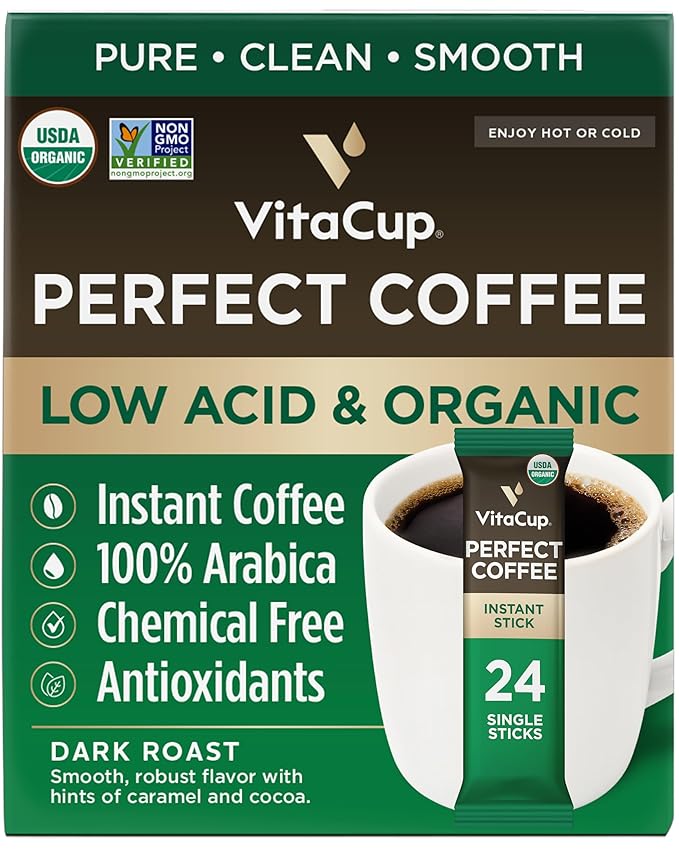 VitaCup Perfect Low Acid Instant Coffee Packets, Dark Roast Coffee, USDA Organic & Fair Trade