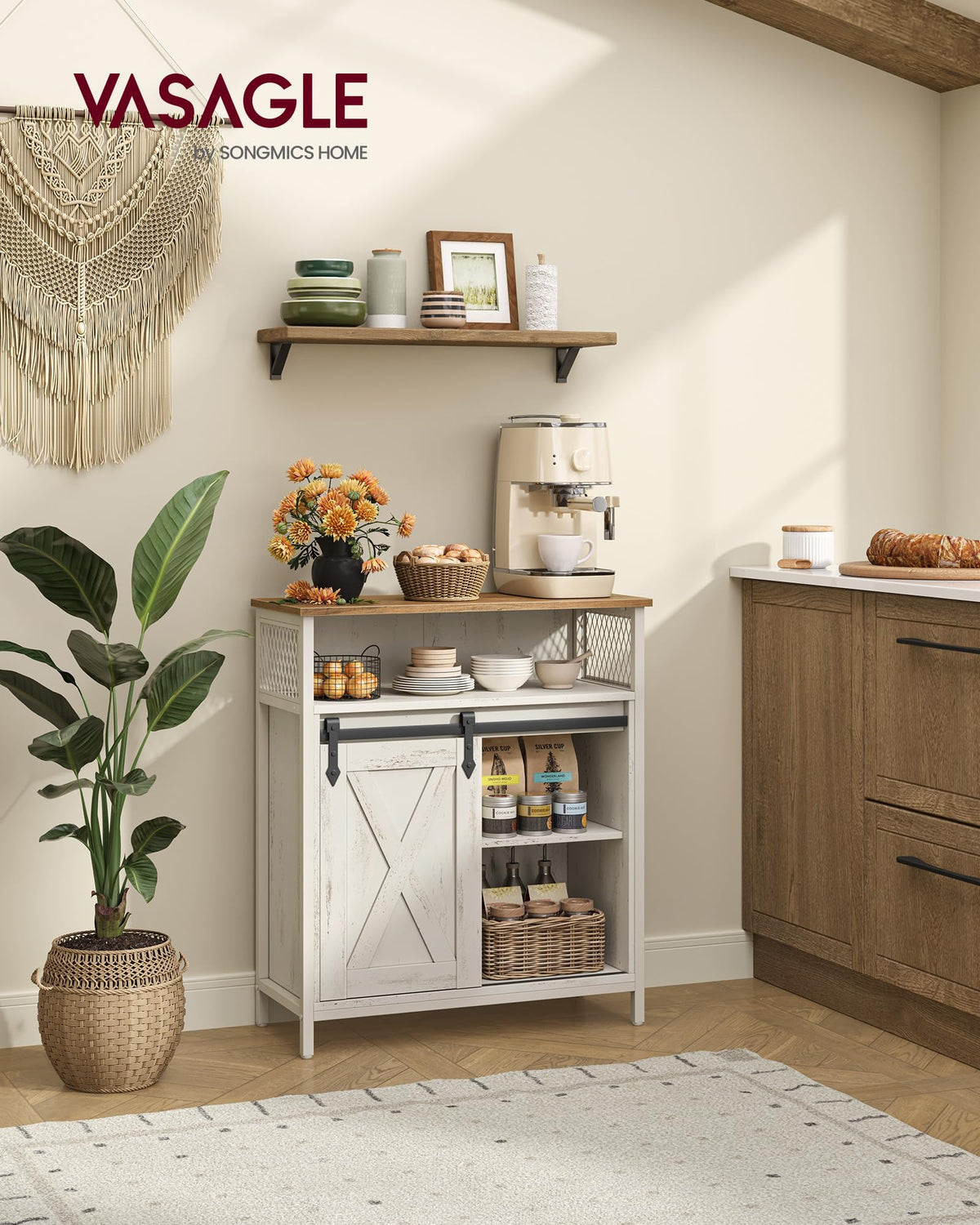 VASAGLE Buffet Cabinet, Coffee Bar Storage Cabinet, Sideboard with 1 Sliding Barn Door, Adjustable