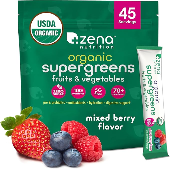 Zena Nutrition Organic Super Greens Powder, 70+ Superfoods, 0 Sugar, 5G Fiber, Spirulina