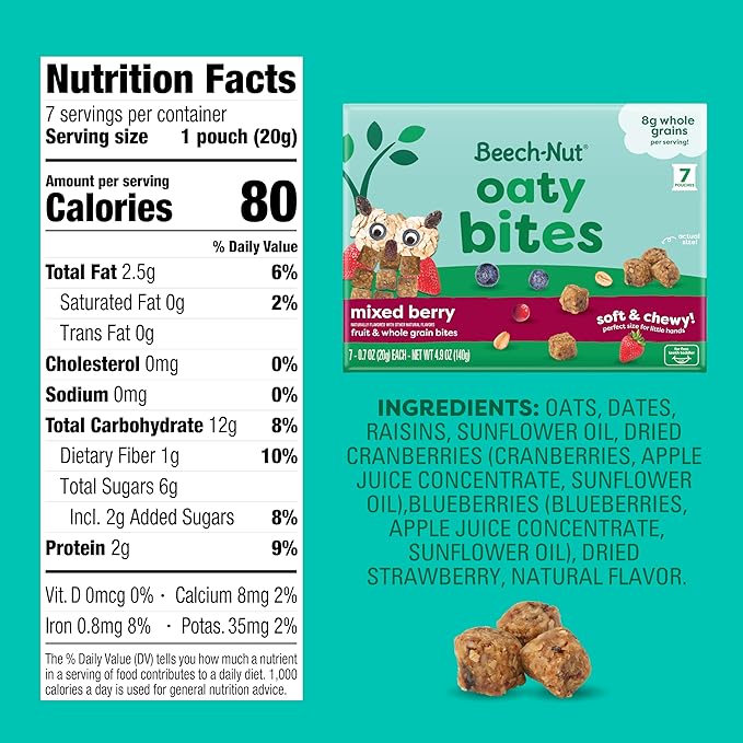 Beech-Nut Toddler Snacks, Oaty Bites with Fruit & Whole Grains, Mixed Berry Toddler Snack Bites for