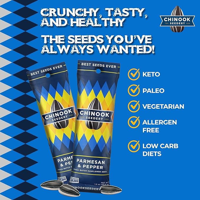 Chinook Seedery Roasted Sunflower Seeds to Eat -1.5 oz (Pack of 36) Parmesan & Pepper - Jumbo Low