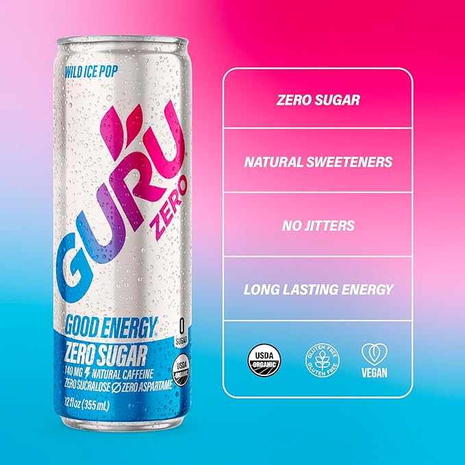 GURU ZERO SUGAR Wild Ice Pop Organic Energy Drinks, Clean Energy Drink with Plant Based Natural