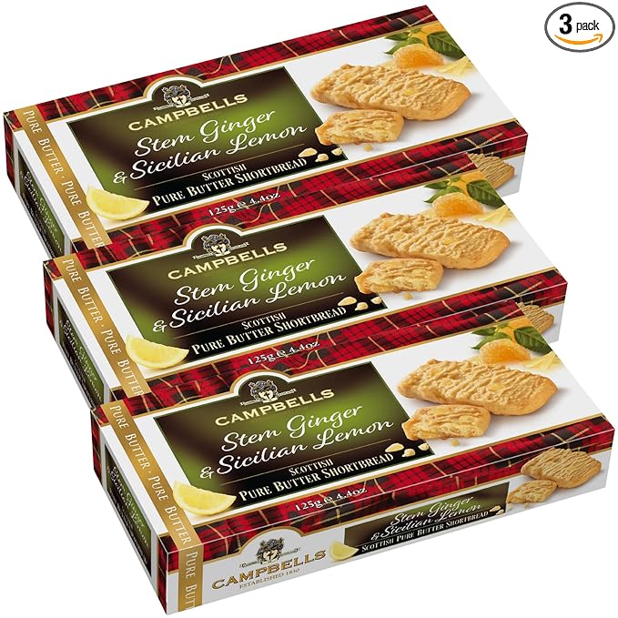 Campbells Shortbread with Stem Ginger & Sicilian Lemon 4.41 Oz (Pack of 3) - Pure Butter Scottish