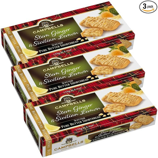 Campbells Shortbread with Stem Ginger & Sicilian Lemon 4.41 Oz (Pack of 3) - Pure Butter Scottish