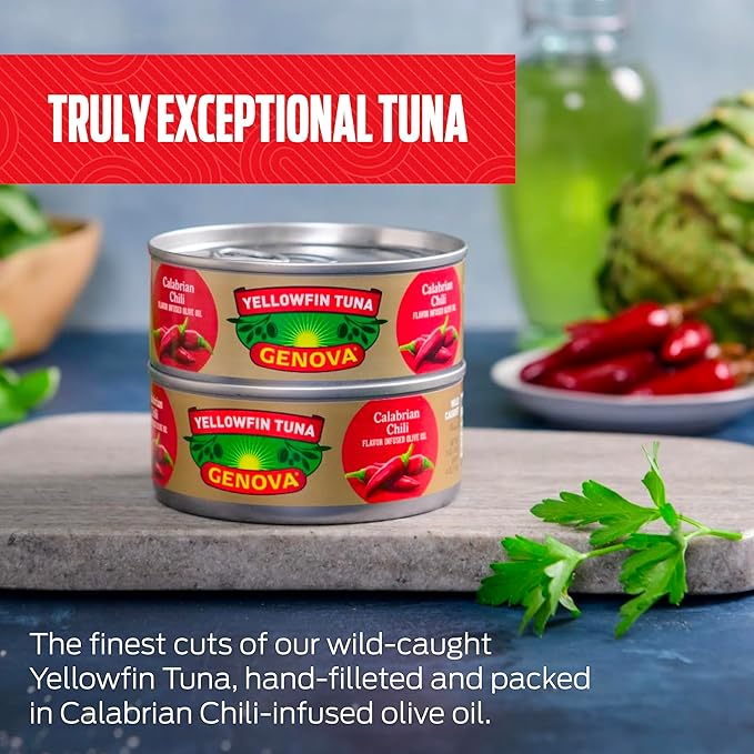 Genova Premium Yellowfin Tune in Calabrian Chili Infused Olive Oil, 5 Ounce Cans, 12-Pack