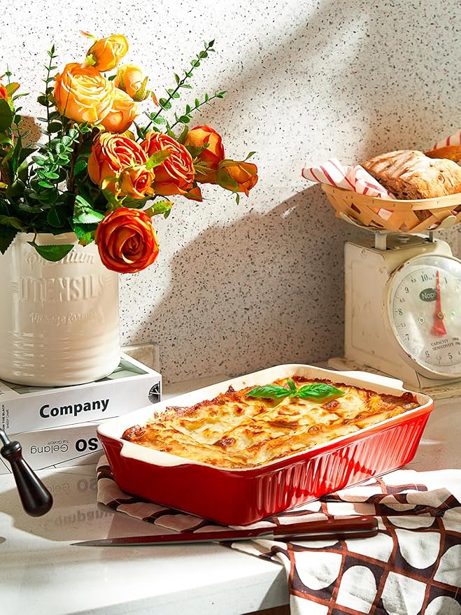 DOWAN 9x13-inch Deep Casserole Baking Dish for Lasagna, 135 oz Ceramic Pan with Handles, Oven Safe