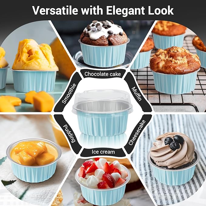 EUSOAR Cake Baking Cups, 100pcs 5oz 125ml Muffin Liners With Lids, Disposable Aluminum Ramekins