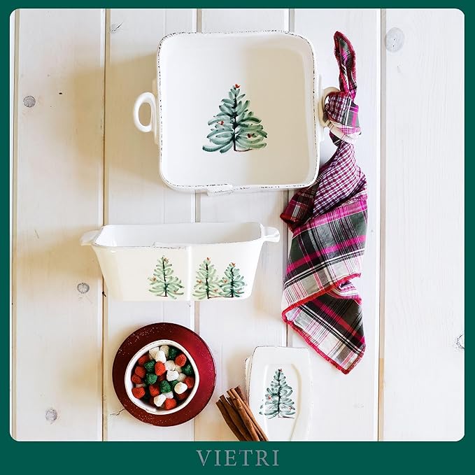 Vietri Lastra Holiday White and Green Square Baker 11.5"L, Stoneware Oven Baking Dish & Serving