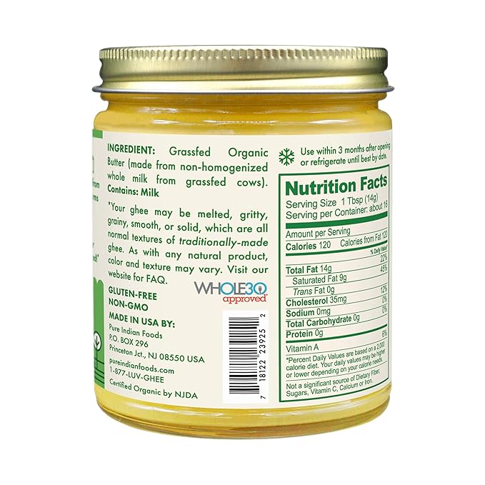 Grassfed Organic Original Ghee - by Pure Indian Foods, 7.8 oz, Pasture Raised, Gluten-Free