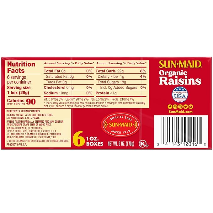 Sun-Maid Organic California Sun-Dried Raisins - (72 Pack) 1 oz Snack-Size Box - Dried Fruit Snack