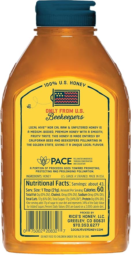 Local Hive North California Raw Unfiltered Honey – 32oz, 100% Pure US Honey, Sourced from American