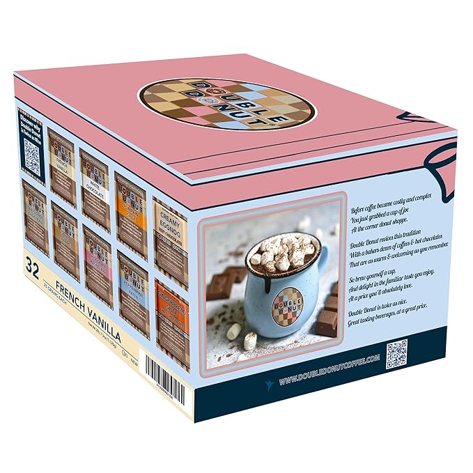 Double Donut French Vanilla Hot Chocolate Mix Packets, Flavored French Vanilla Hot Cocoa Mix, 32