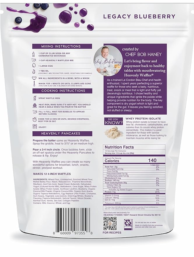 Heavenly Waffles짰 Mix, Legacy Blueberry, 11g Protein, Yogurt Based, Healthy and Nutritiously