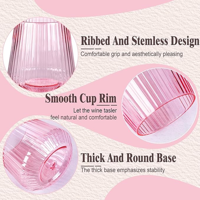 30 Pack Pink Plastic Ribbed Wine Glasses, 14 OZ Origami Stemless Disposable Wine Champagne Whiskey