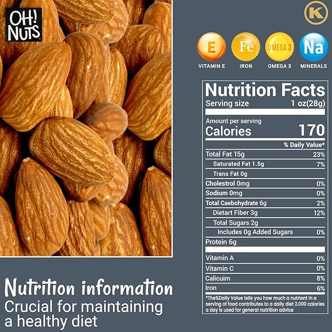 Oh! Nuts Almonds - Roasted Unsalted - 2 lb - Packed in New York Zip-Seal Bag for Exceptional