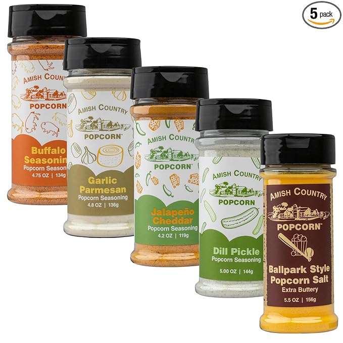 Amish Country Popcorn | 5 Pack Seasoning Bundle | Buffalo, Garlic Parmesan, Jalepeno Cheddar, Dill