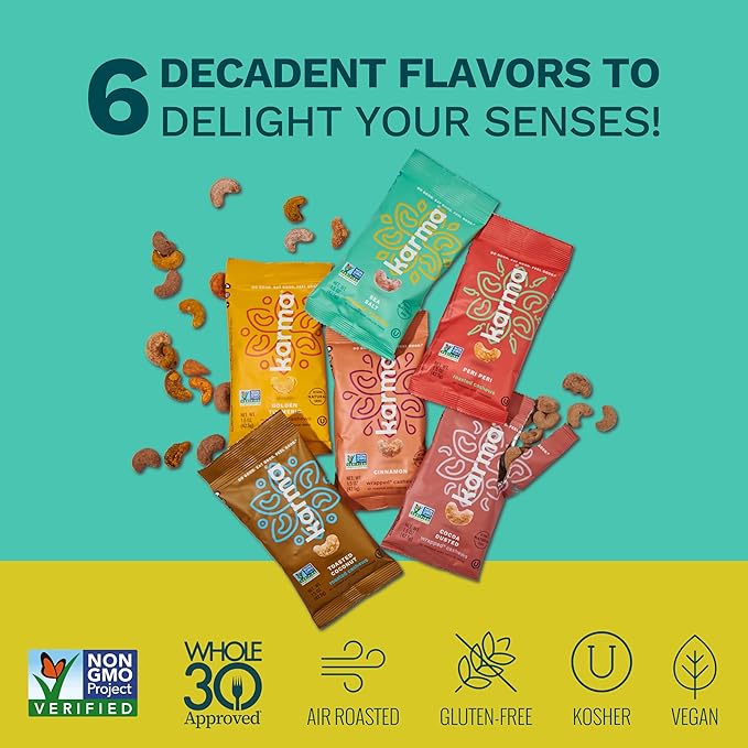Karma Nuts Flavored Cashews Variety Pack (1.5 oz, Pack of 6) ??Whole Roasted Cashews, Healthy