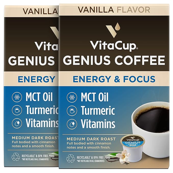 Genius Vanilla Keto Coffee Pods by VitaCup w/MCT Oil, Turmeric, B Vitamins, & D3 for Energy & Focus