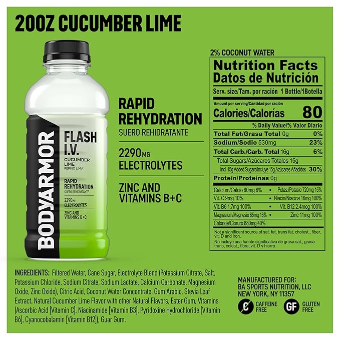 BODYARMOR Flash I.V. Electrolyte Beverage, Cucumber Lime, Hydration Drink with Coconut Water For