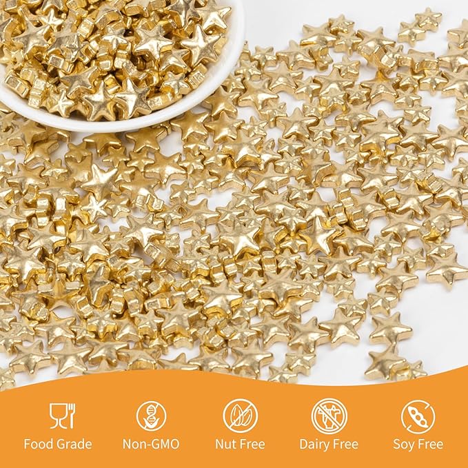 Edible Gold Star Sugar Sprinkles, Mix Size, Candy Star Sprinkle for Cake Decorations and Cupcake