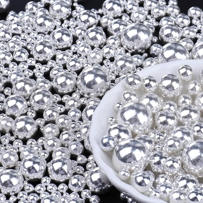 Silver Edible Pearls for Cake Decorating, 6 Sizes Mix 4.6 oz Pearl Sugar Sprinkles Baking