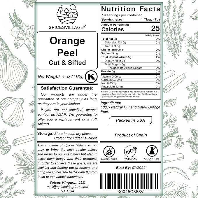 SPICES VILLAGE Orange Peel Cut & Sifted [4 oz] - Fresh Dried Orange Peel Zest and Rind, Citrus