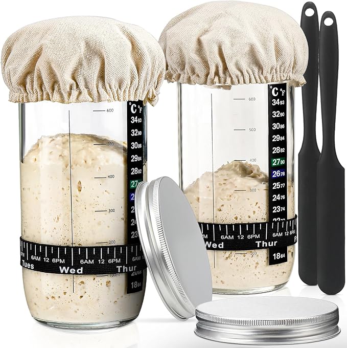 DWTS DANWEITESI Sourdough Starter Jar with Date Marked Feeding Band, Thermometer, Sourdough