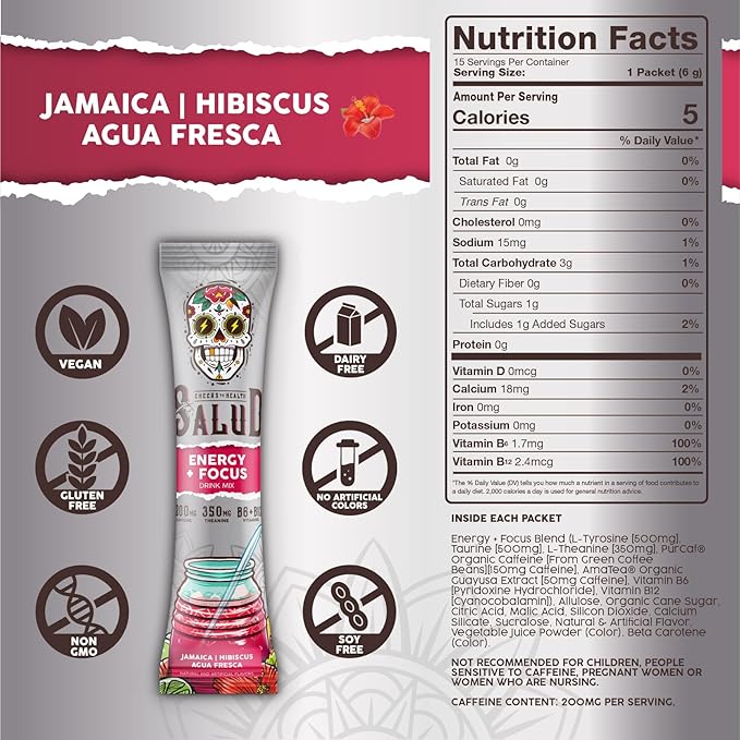 Salud 2-in-1 Energy Drink Powder + Focus, Hibiscus, Organic Caffeine, B6 + B12, Theanine, Clean