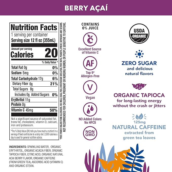 OCA ZERO Berry Acai, Organic energy drink, zero sugar, gluten-free, vegan plant-based, 12 Fl Oz (12