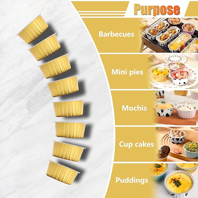 Aluminum Cups with Lids, 4.2oz 50Pcs Gold Disposable Cake Pans with Lids, Creme Brulee Cups, Mini