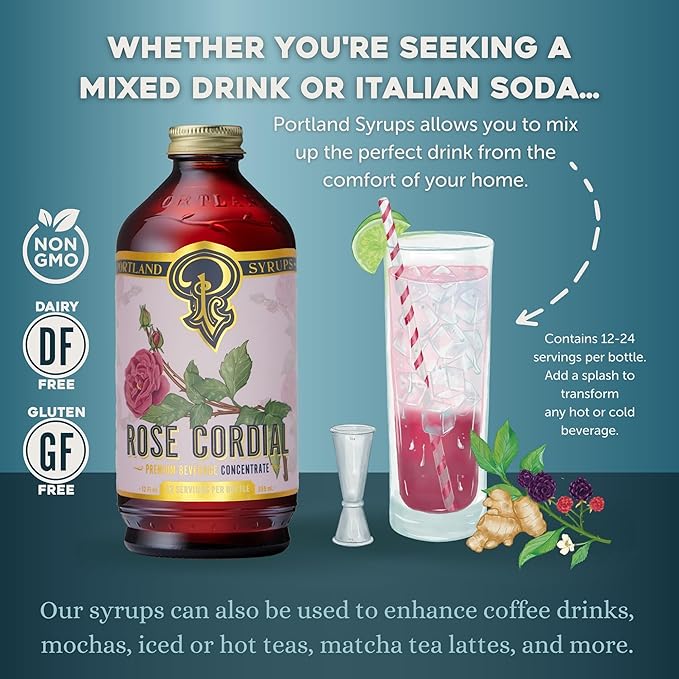 Portland Syrups Rose Cordial Syrup - Craft Exquisite Floral beverages for Cocktails, Mocktails