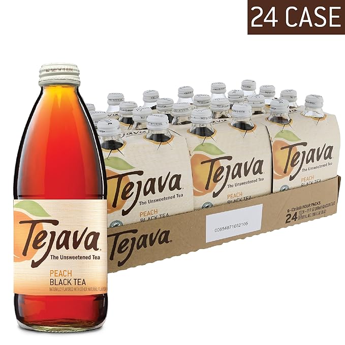 Tejava Peach Black Iced Tea, 24 Pack, 12oz Glass Bottles, Unsweetened, Non-GMO, Kosher, No Sugar or