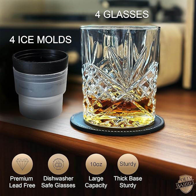 OLD BARREL Whiskey Glasses Set of 8 (4 Glasses with 4 Ice Ball Molds) 10oz Old Fashioned Crystal