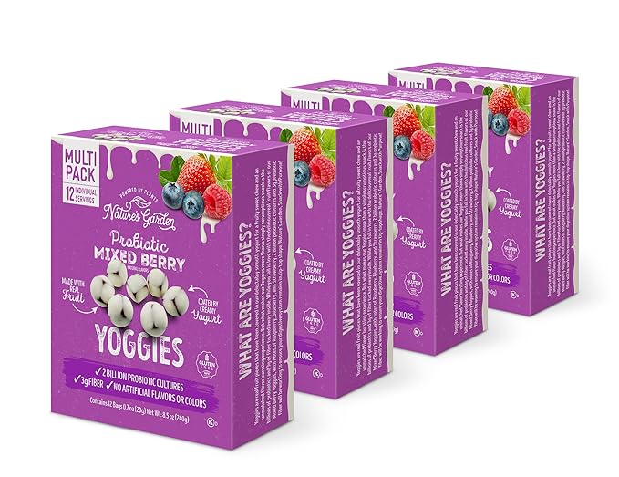 Nature's Garden Probiotic Mixed Berry Yoggies 12 x 0.7oz (Pack of 4) Yogurt Covered Fruit Snacks