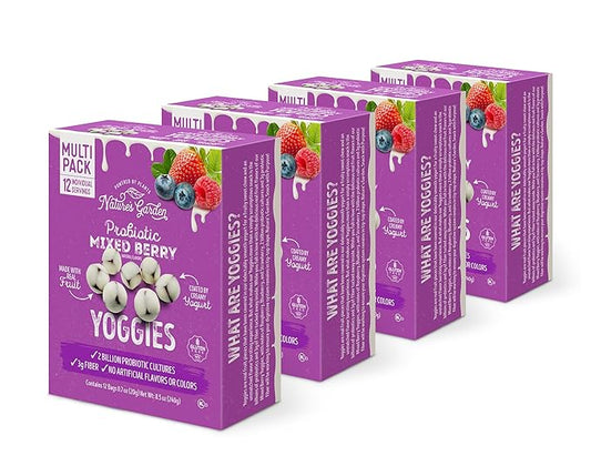 Nature's Garden Probiotic Mixed Berry Yoggies 12 x 0.7oz (Pack of 4) Yogurt Covered Fruit Snacks