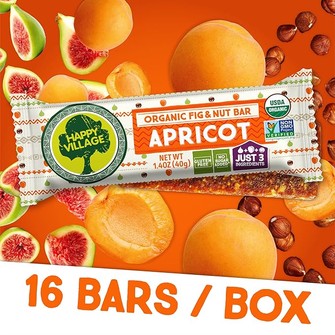Happy Village Organic Fig & Nut Bar, APRICOT | Only 3 Ingredients, Gluten Free, No Added Sugar