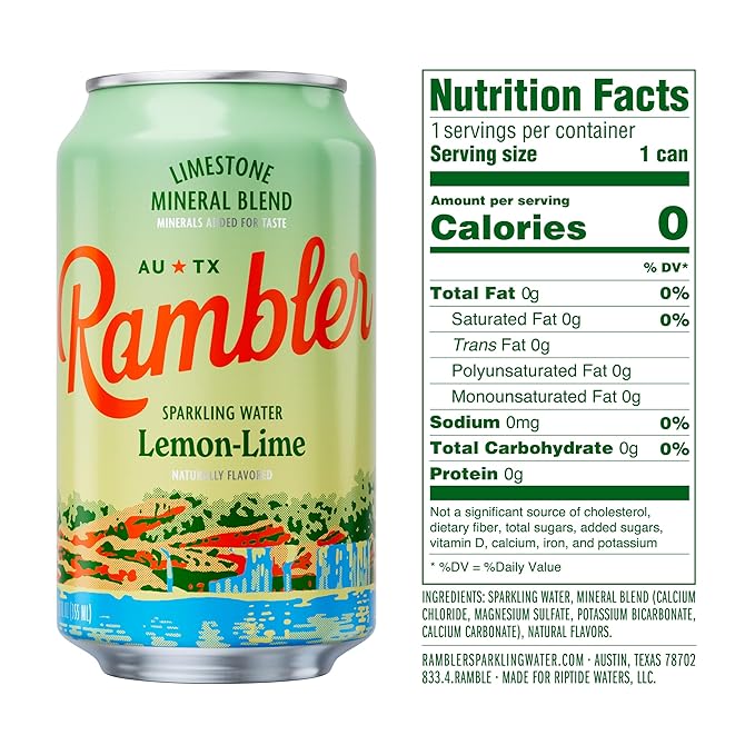 AUTX RAMBLER Sparkling Water, Texas Limestone Mineral Blend, Lemon-Lime Flavor, 12-Ounce Cans