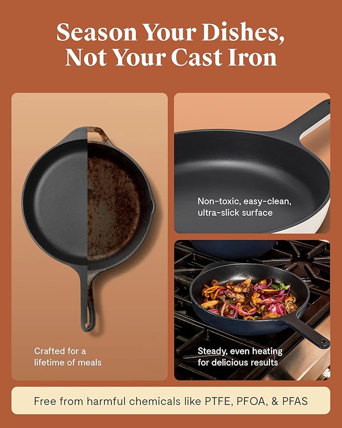 Caraway Cast Iron Skillet - 10.5” Enameled Cast Iron Pan With 3 Layer Enamel Coating - No Seasoning