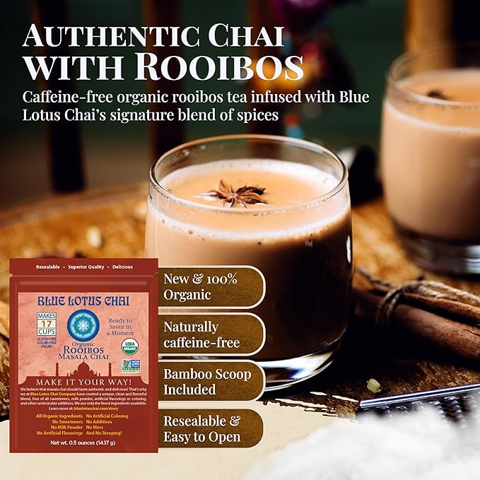 Blue Lotus Chai - Rooibos Masala Chai - Makes 17 Cups - 0.5 oz Pouch Masala Spiced Chai Powder with
