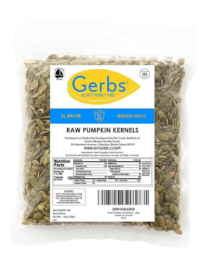 GERBS Raw Pumpkin Seed Kernels 4 LBS|Top 14 Allergy Free Food |Use in salads, yogurt, baking