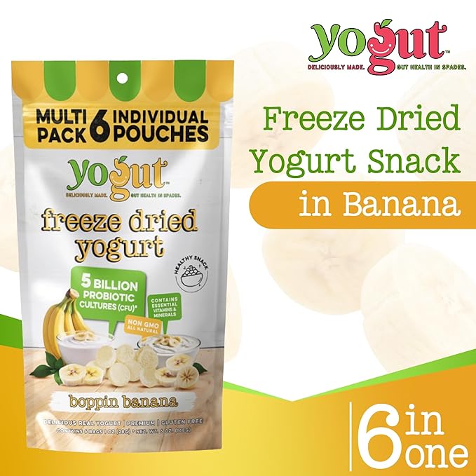 YoGut Freeze Dried Yogurt Snack, Banana, 6 Pk, Healthy Snacks for Kids, Toddlers & Adults, Gluten