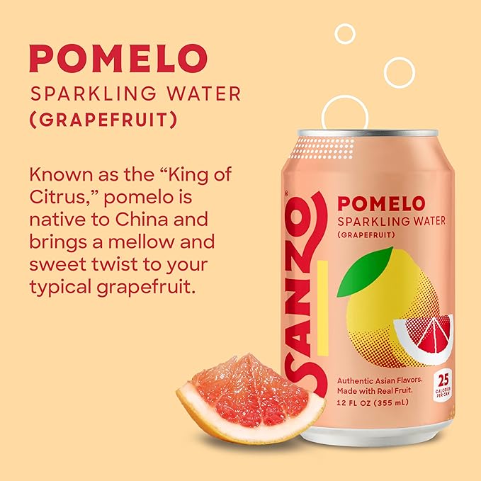 Sanzo Flavored Sparkling Water - Pomelo Grapefruit Soda - Low Calorie Low Sugar Soda - Craft Asian
