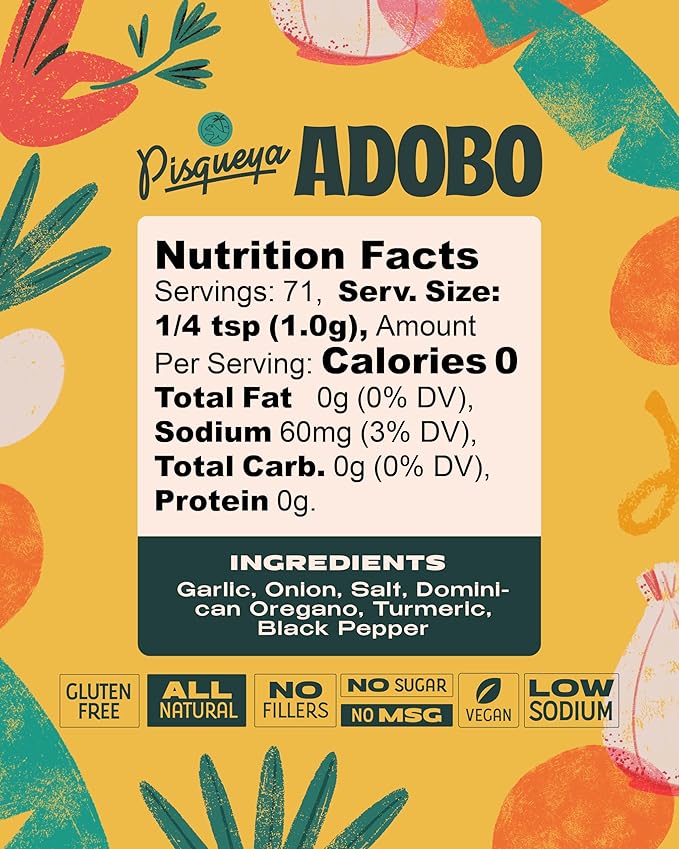 Pisqueya Adobo Multi-Purpose Seasoning, made with Dominican oregano. Low Sodium, No Sugar, No-MSG