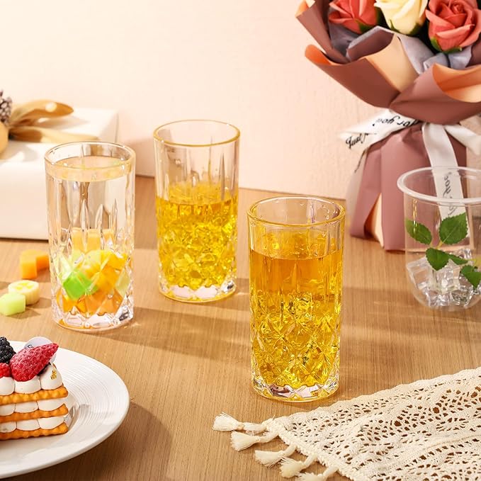 Uiifan Set of 12 Tall Highball Glasses 12 oz Crystal Drinking Glasses Clear Fancy Cups Vintage