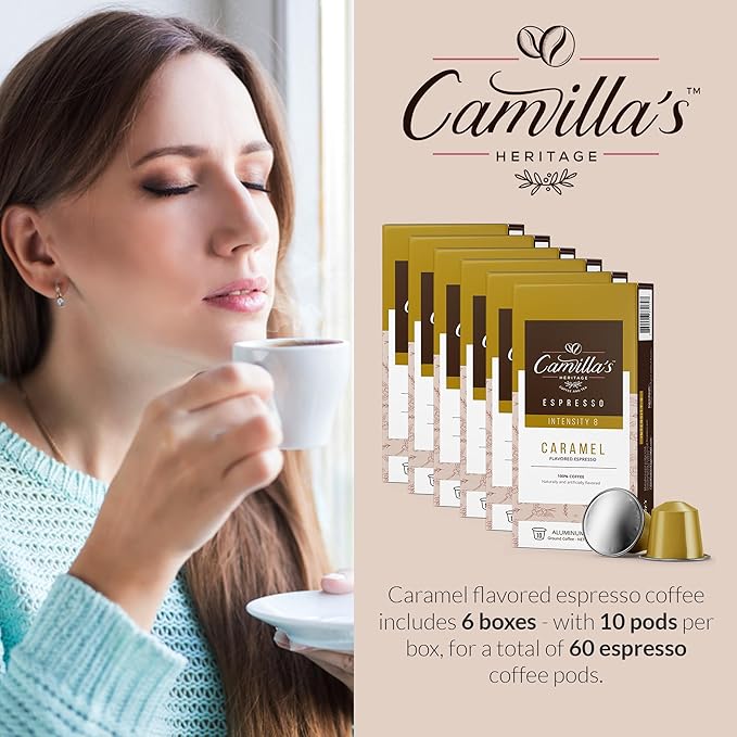 Camilla’s Heritage - Intensity 8 Caramel Flavored Espresso Coffee, Gourmet Espresso Cups, 60 Coffee