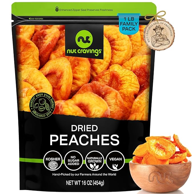 NUT CRAVINGS - Sun Dried California Peaches, No Sugar Added, Unsweetened (16oz, 1 LB) Bulk Dry